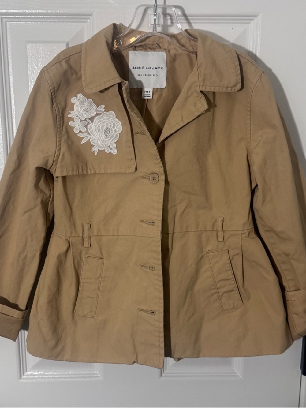 Janie and Jack Girls Trench Coat 7 8 Tan Floral Applique Classic Jacket